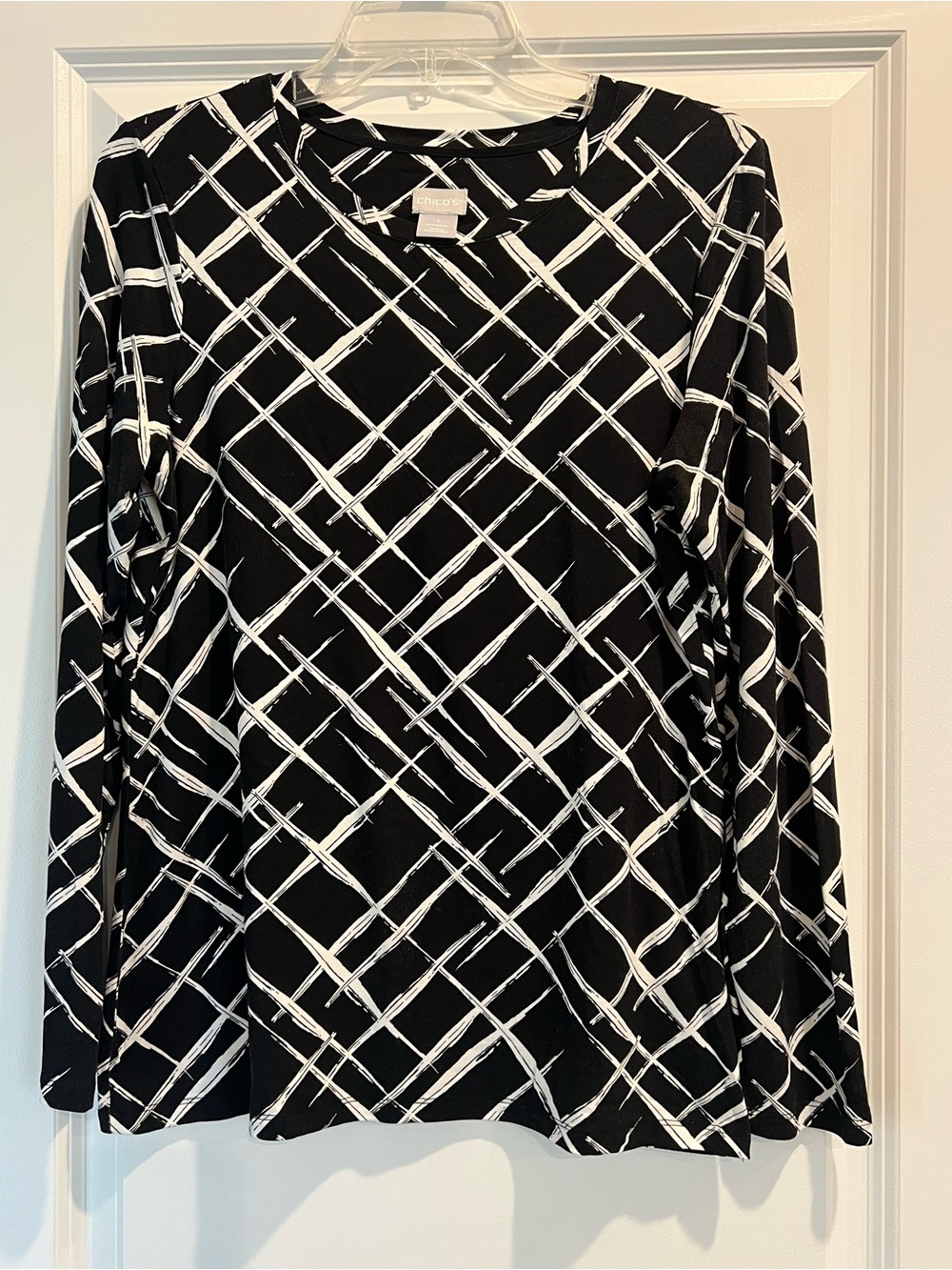 Chico's Black and White Brushstroke Plaid Top